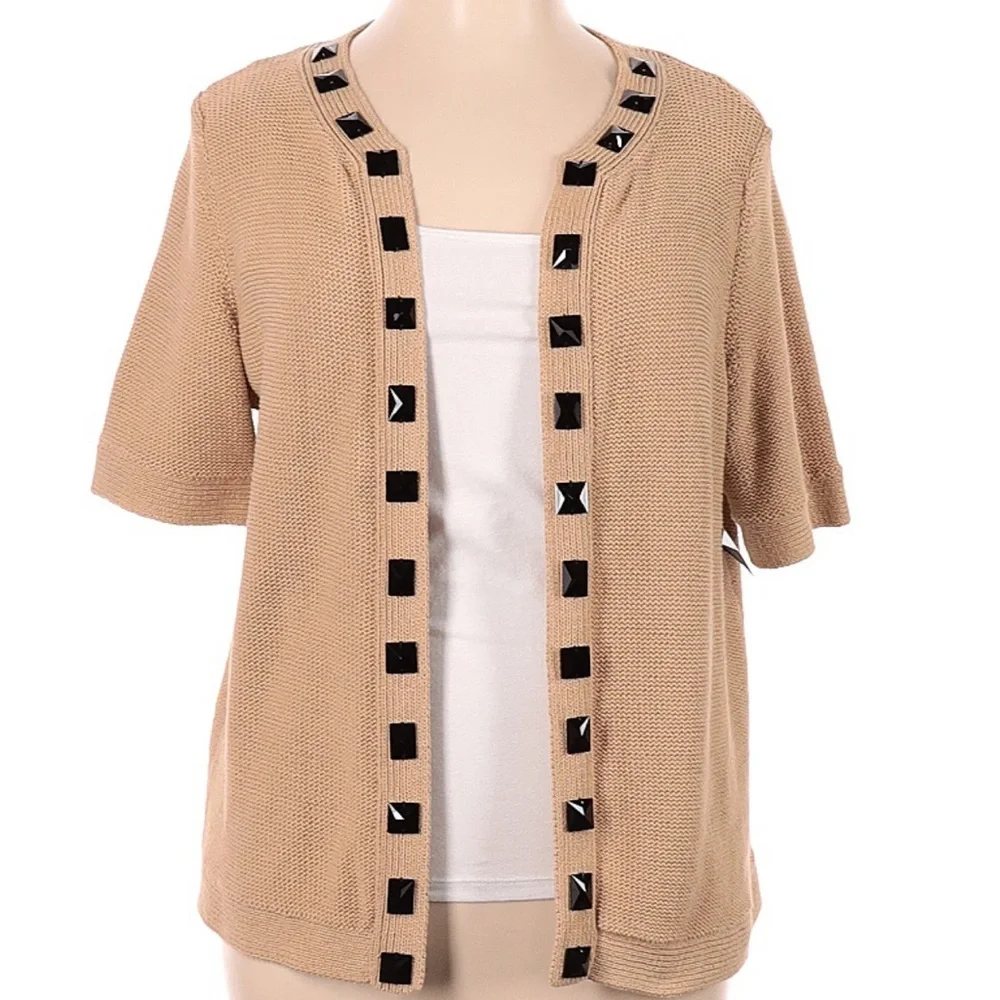 Evan Picone Tan Short Sleeve Cotton Embellished Cardigan 1X